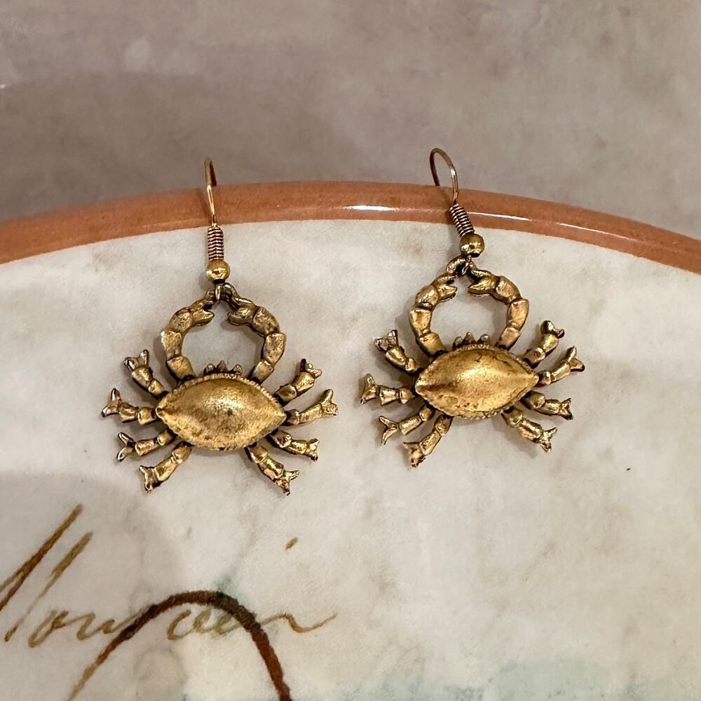 Brushed Gold Tone Crab Earrings-Coastal Nautical Beach Jewelry